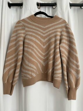 Pure Collection Tan and Cream Striped Crewneck Sweater
